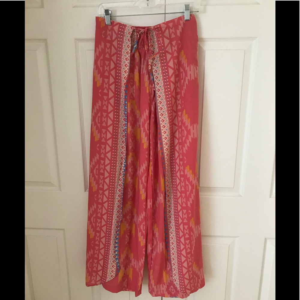 Fashion Fuse Long Tie Front Wrap Around Colorful Polyester Pants Size Medium
